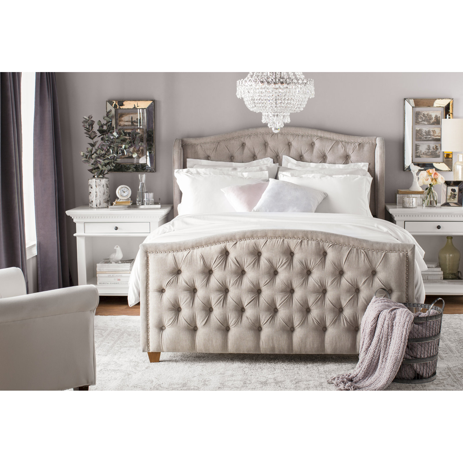 Coleman Upholstered Wingback Bed, Queen, Olive Green Velvet