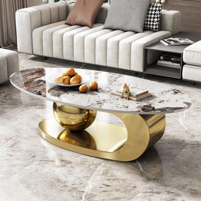 Garian Contemporary Golden Pedestal Marble Coffee Table With Oversized Sphere Support For Living Room