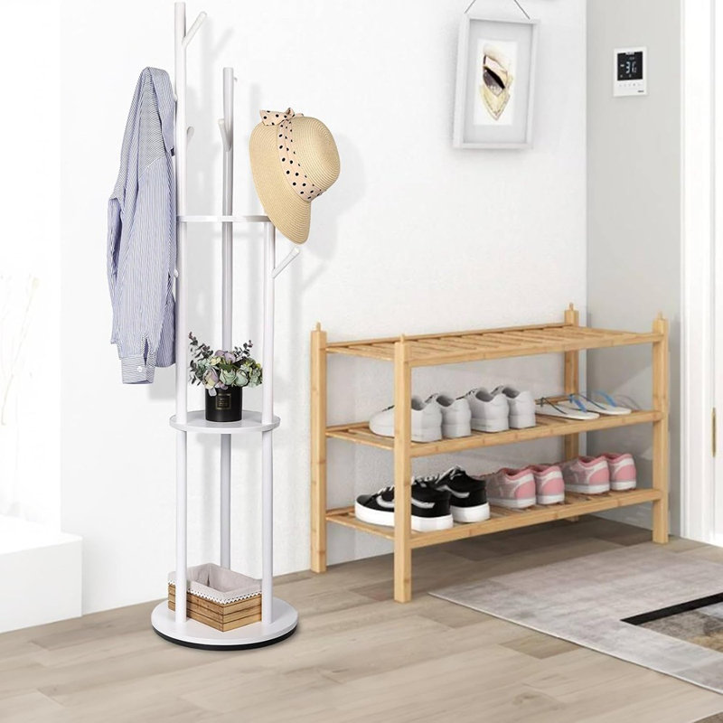 Portemanteau rotatif - Portemanteau autoportant en bois massif blanc avec 9 crochets et 3 tablettes pour manteaux, vestes, chapeaux, sacs, vestibule, chambre à coucher