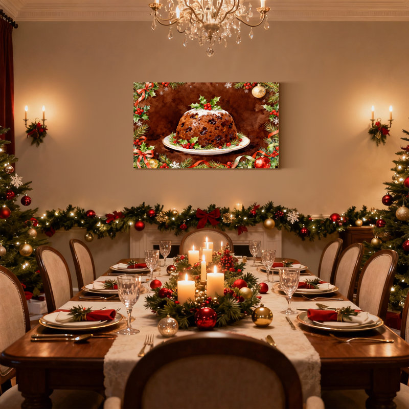 Pudding de Noël avec houx et baies, ensemble de 3 impressions d'art sur toile, H 12 po x l 18 po