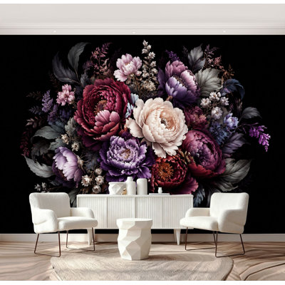 Peel and Stick Wallpaper Dark Floral Arrangement Peonies Lavender Rich Colors Elegant Wall Murals 100"H x 144"W Removable PVC Wall Paper Self-Adhesive Wall Decor for Bedroom Living Room Home Office