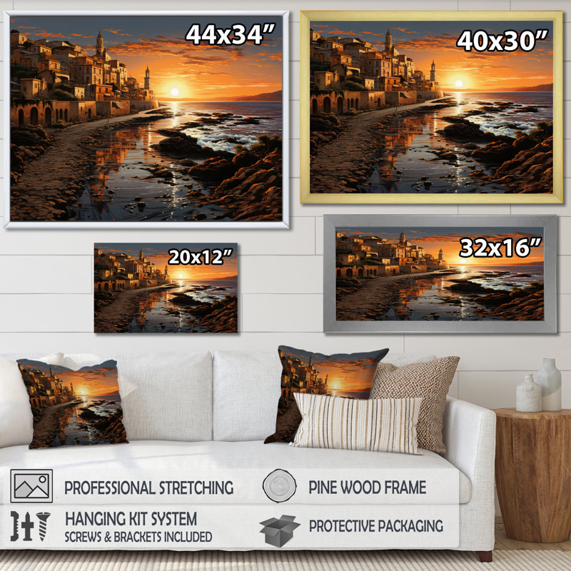 Italie, coucher de soleil sicilien, art mural sur toile Italie, H 30 po x l 40 po x P 1,5 po, Cadre flottant doré