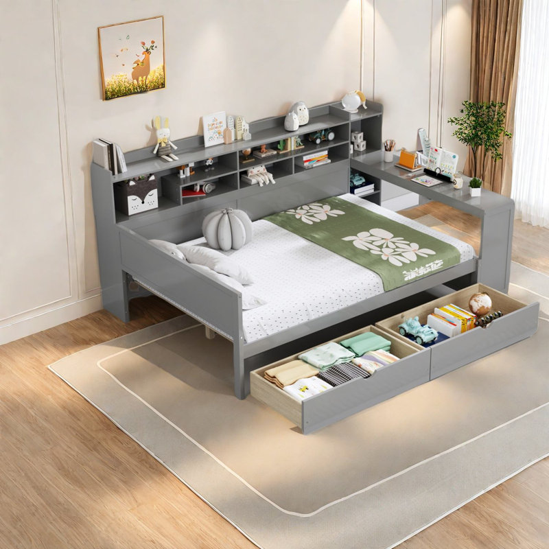 Lits multifonctionnels en bois gris avec rangement et bureau d'étude