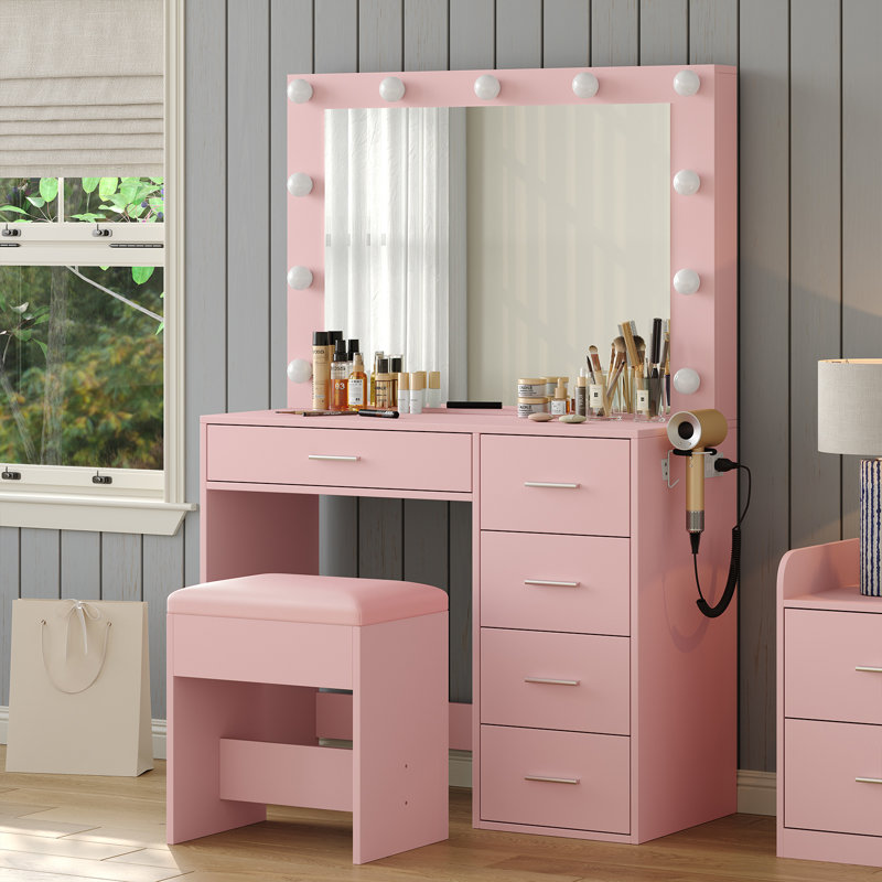 Bureau de coiffeuse avec prise de courant, table de maquillage avec miroir lumineux, 3 modes d'éclairage couleur, luminosité réglable, coiffeuse avec tiroirs, ensemble de coiffeuse pour femmes, filles