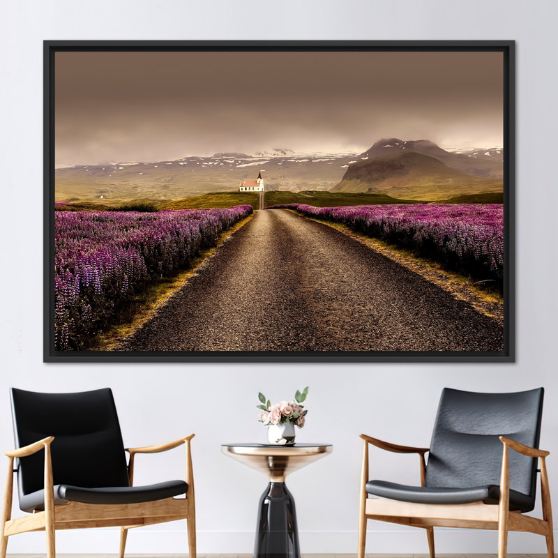 Open Road Art Canvas, Roadside Wall Art, Landscape Artwork, Cloudy Weather Canvas, View Canvas, Pink Flowers Wall Decor, Nature Wall Decor,