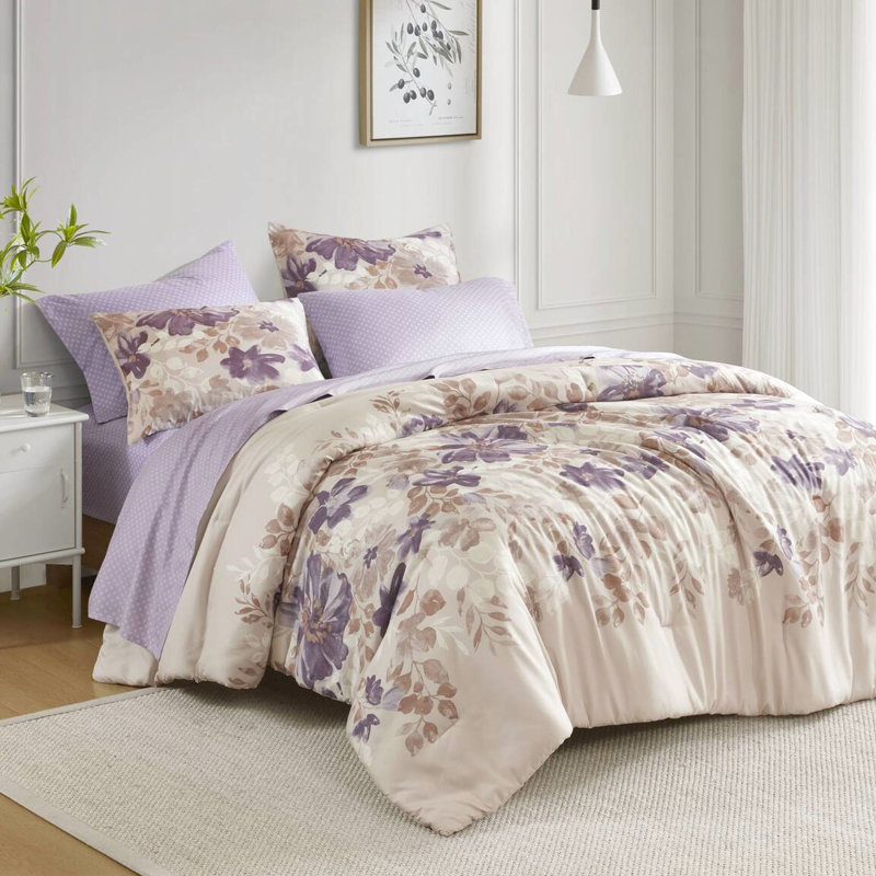 Lit double dans un sac avec édredon taupe à motif floral, draps, 2 taies décoratives, 1 drap plat, taies d'oreiller ajustées, microfibre brossée, rembourrage et drap, impression à l'aquarelle, preuve