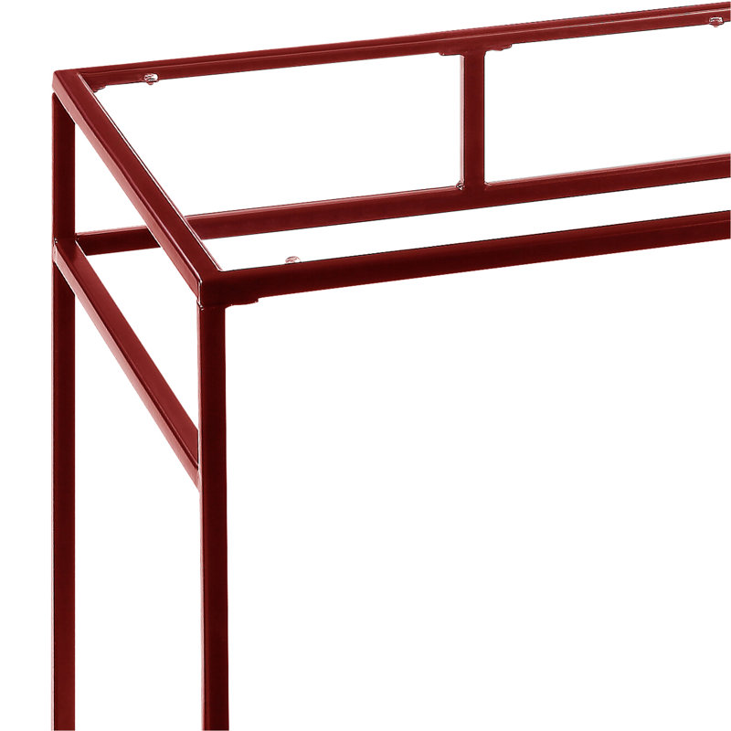 Bureau avec plateau en verre de 5 mm, structure en métal et compartiment de rangement ouvert.