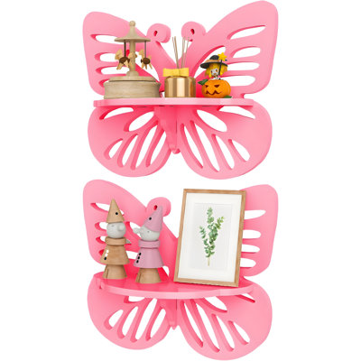 Butterfly Wall Shelf 2-Tier Floating Corner Shelves For Nursery Decor, Solid Wood Hanging Display Rack For Kids Room Storage, Toys, Books, And Plants
