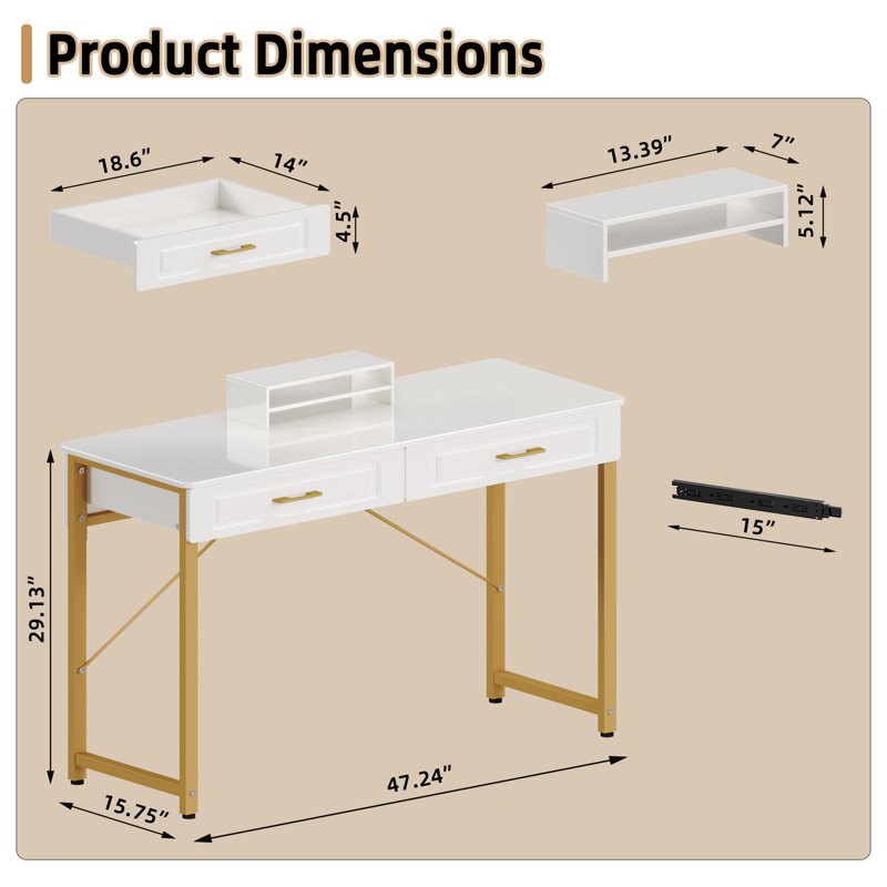 Bureau d'écriture avec tiroirs en bois Darl, Blanc, H 29,13 po x l 47,24 po x P 15,75 po