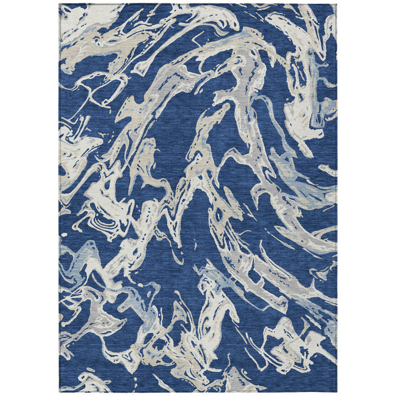 9' X 12' Navy Blue Grey And Ivory Abstract Washable Indoor Outdoor Area Rug