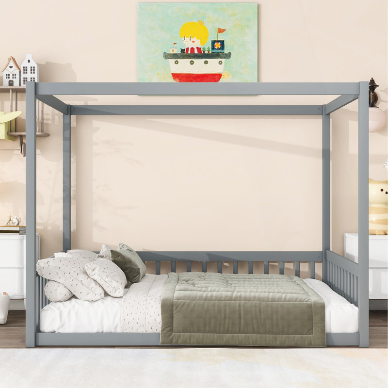 Lit double en bois d'hévéa avec clôture, garde-corps, gris