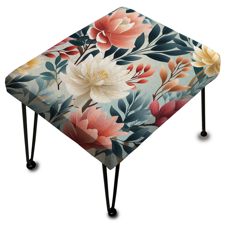Coral And Blue Enchanted Gardens Chevron Pattern - Floral Rectangle Ottoman
