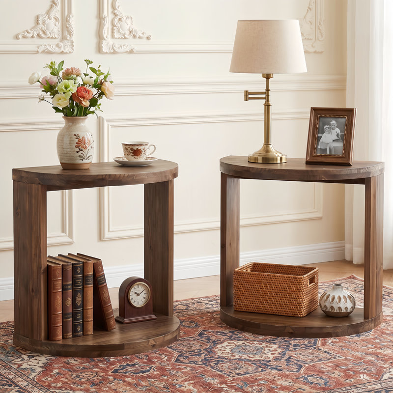 Table d'appoint en bois massif 23,6 po, table de bout en demi-lune avec tablette inférieure ouverte, table d'appoint étroite pour le salon et les petits espaces