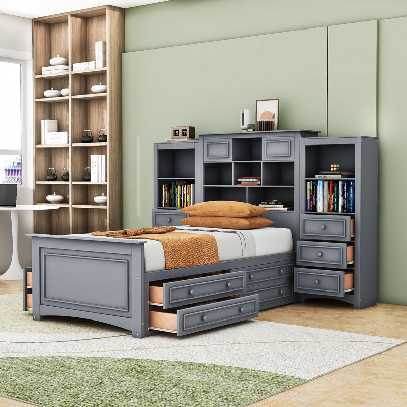 Lit plateforme multifonctionnel en bois avec tiroirs et tablettes de rangement, Gris