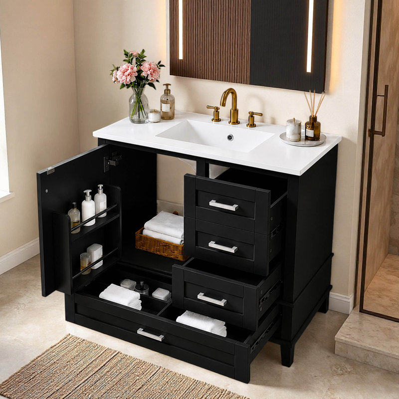 Meuble-lavabo simple 36 po avec plateau en céramique, Noir, noir, noir, noir