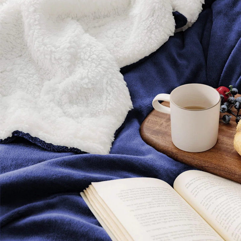Super Soft Sherpa Fleece Fur Thick Dual Sided Flannel Reversible Blanket Throw, Double 150cm x 200cm, Navy