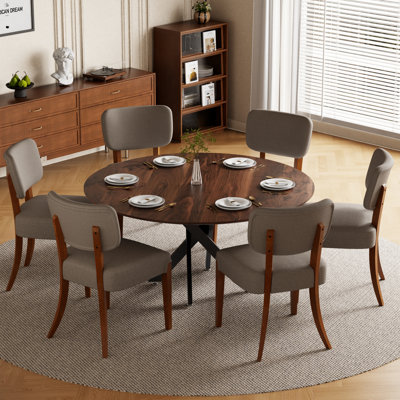 Table de salle à manger ronde 35,4 "/ 47" en panneau de fibres à densité moyenne avec base croisée en métal industriel et ensemble de chaises de salle à manger rembourrées sans accoudoirs, pour 4 à 6 personnes