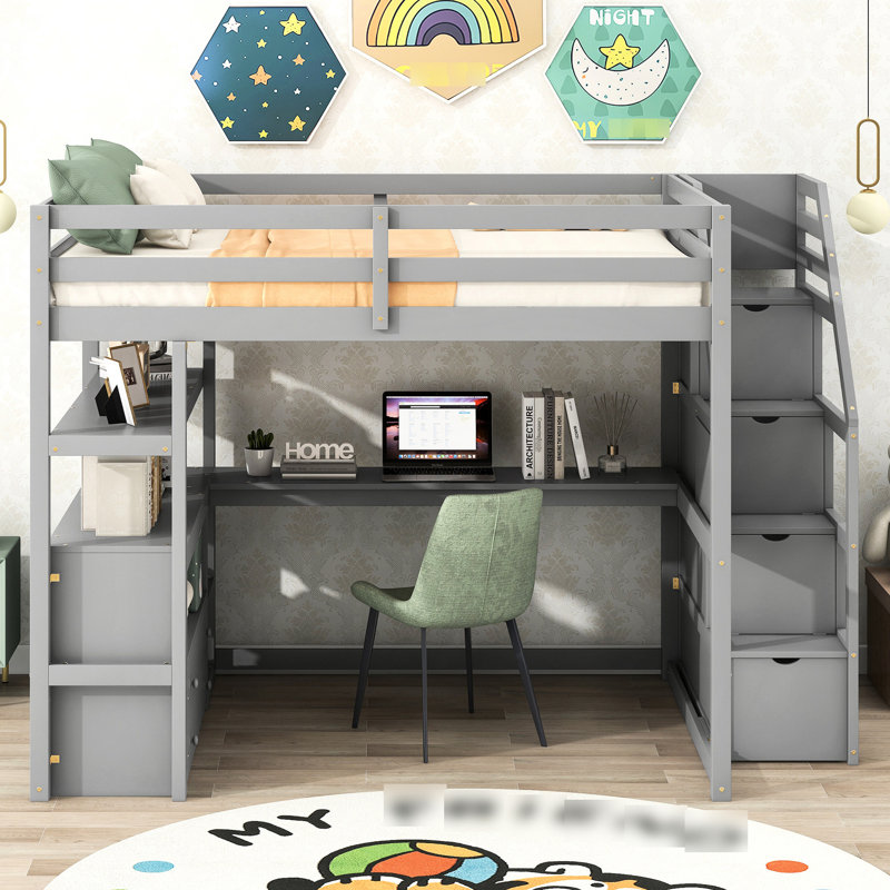 Lit mezzanine double avec bureau, tablettes et escalier