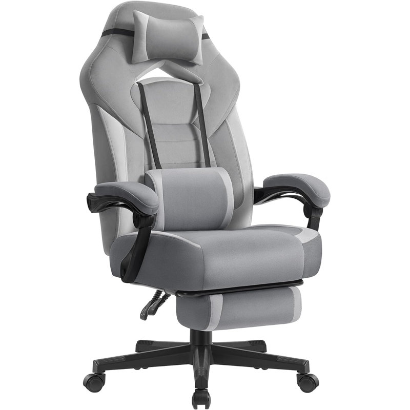 Inbox Zero Adjustable Reclining Ergonomic Faux Leather Swiveling PC & Racing Game Chair with Footrest in Gray