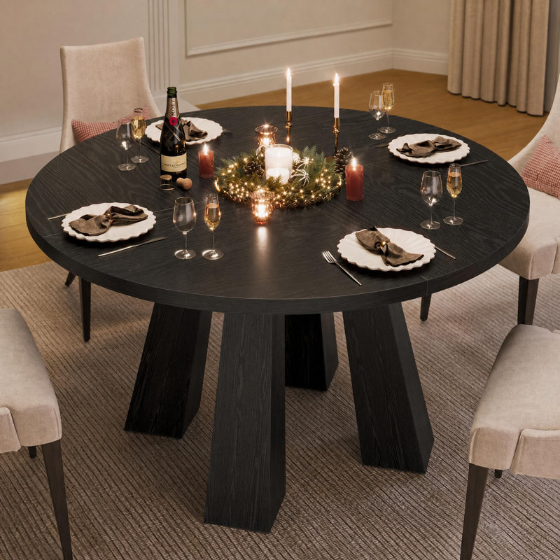 Round Dining Room Table for 4-6, 47" Wood Kitchen Table with Sturdy Base, Farmhouse Circle Dinner Table for Living Room, Apartment, 4 Strong Legs, Only Table, Black
