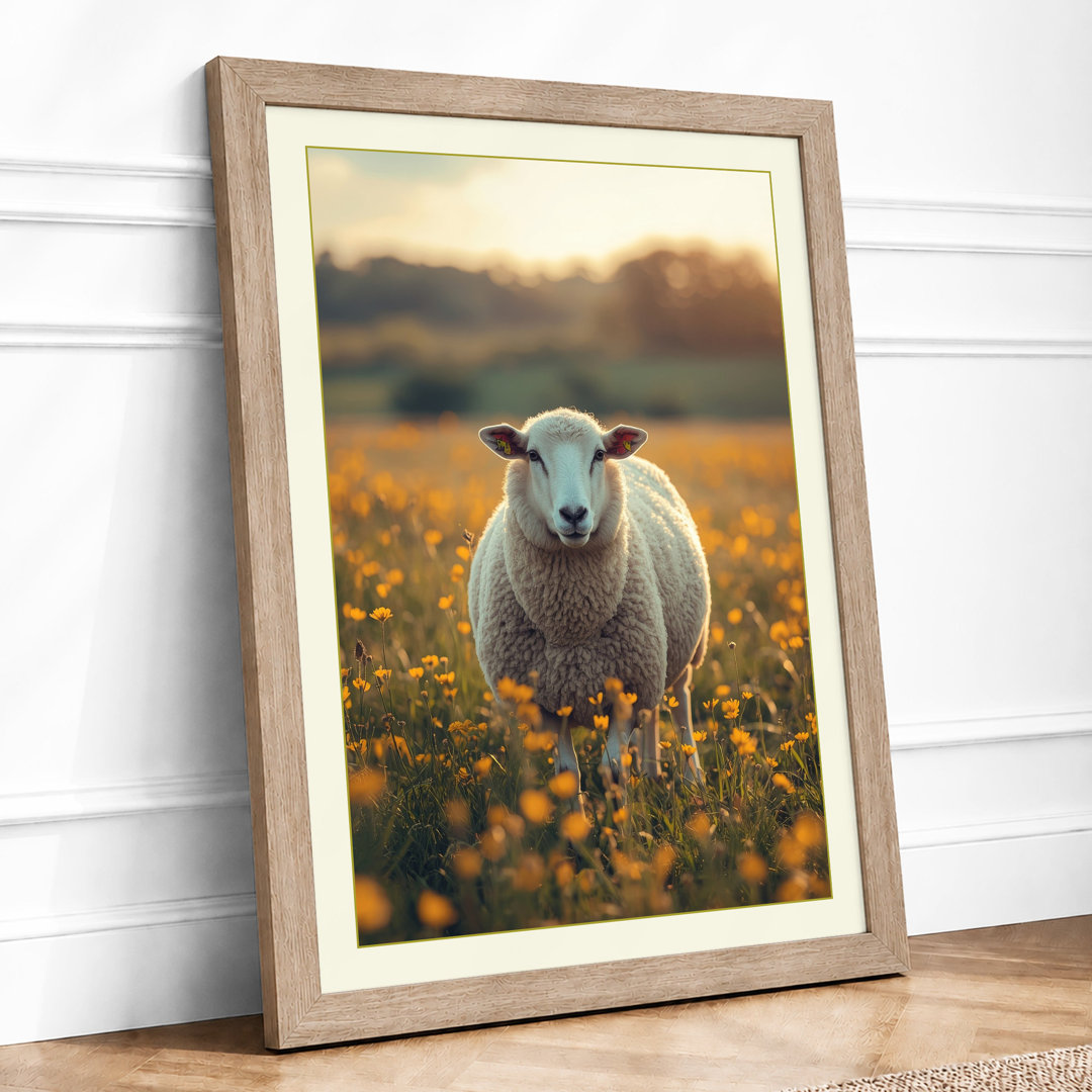Sheep in Golden Meadow Pastoral - Framed Print
