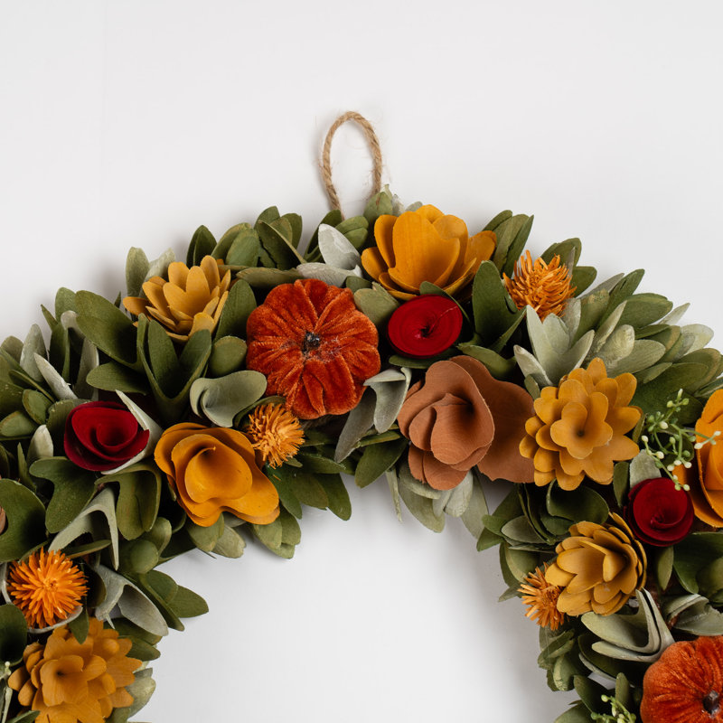 46cm Autumnal Wood shave Wreath with Pumpkins