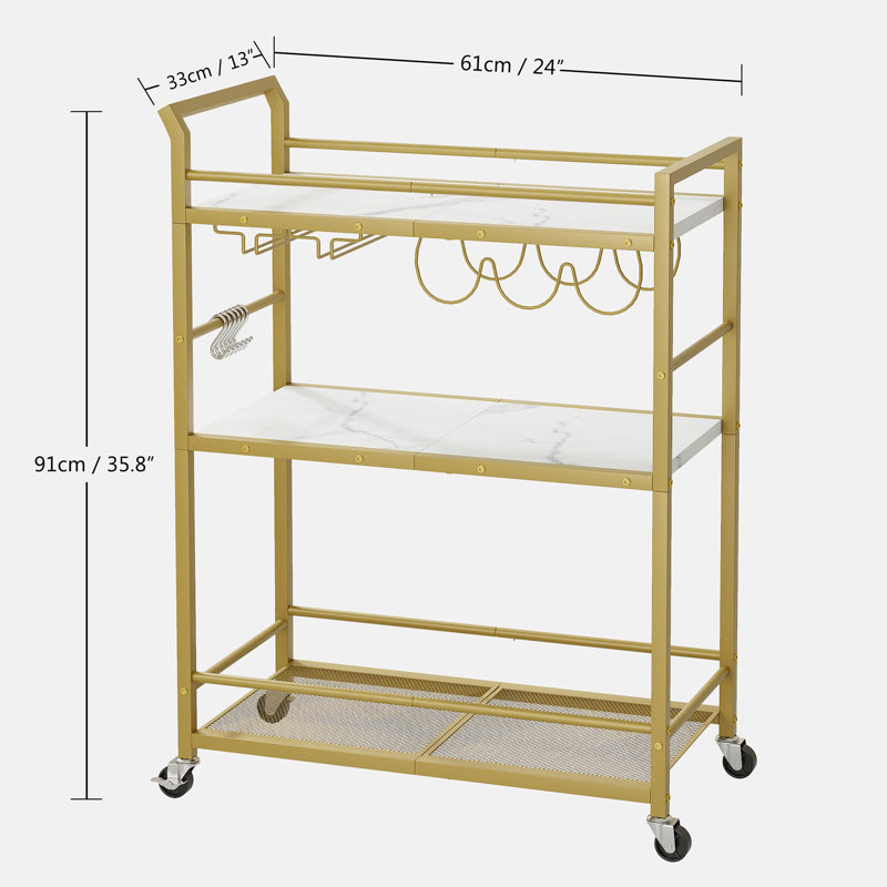 3-Tier Rolling Wine Cart with Glass Holders, Gold, white