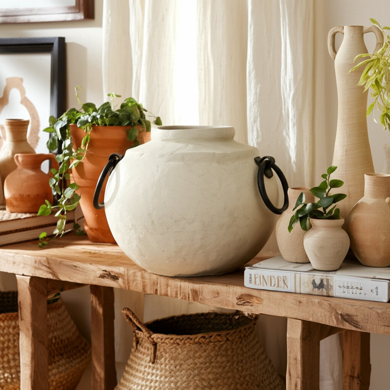 Pottery And Ecomix Vase With Handles Boho Style Decorative Modern Accent Vessel For Versatile Display, Ivory