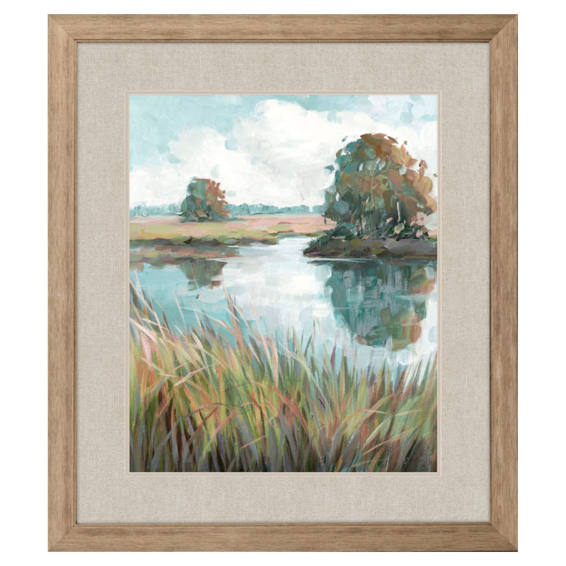 «Riverside View Watercolor Waterscape», art mural encadré