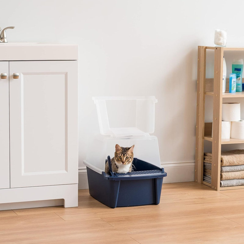  Covered Cat Litter Box, Enclosed Hood Split Top Entry Flap, Scoop, Navy