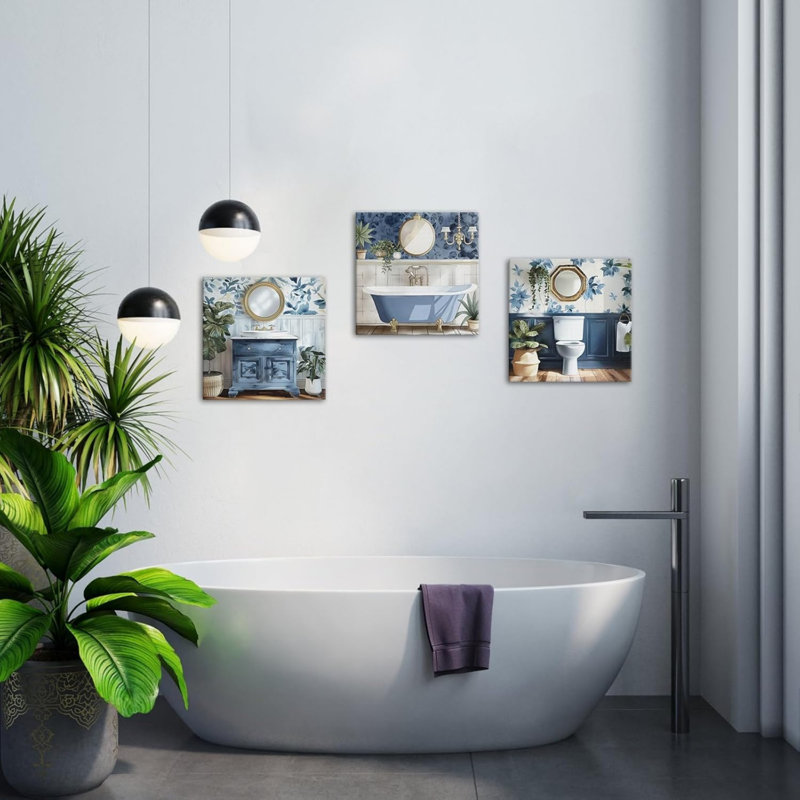 «Blue Botanical Bathroom», ensemble de 3 toiles pour salle de bain d'invités
