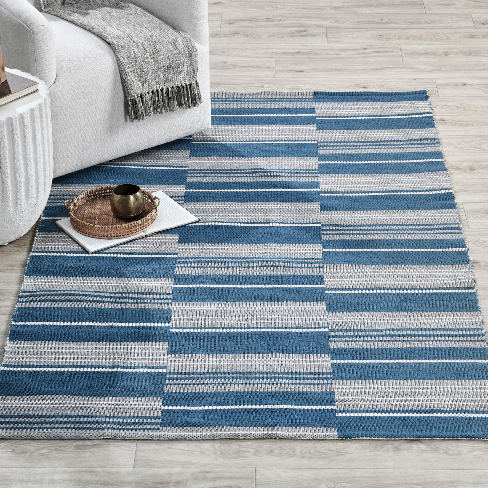 Puget Blue Hand-Woven Striped Outdoor Rug, Rectangle 8' x 10'