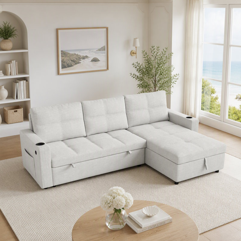 Canapé-lit convertible en tissu, canapé-lit modulaire escamotable avec charge USB et porte-gobelets, canapé-lit en forme de L avec rangement pour le salon (beige)