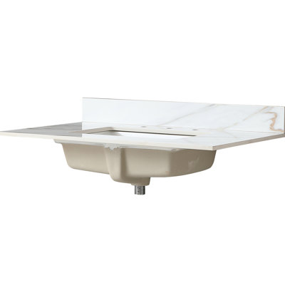 37 Inch White Marble Bathroom Sink Countertop - 4" Backsplash, 8 Faucet Hole, Stain And , Waterproof Sintered Stone For A Vanity Top With 4-inch Backsplash