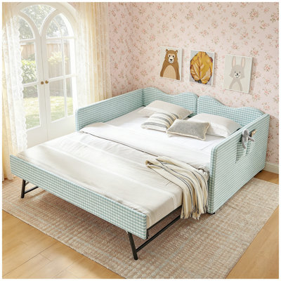 Lit de jour double, lit de jour rembourré en vichy équipé d'une base de lit gigogne escamotable et d'une pochette de rangement latérale, canapé-lit multifonctionnel en bois massif pour chambre d'enfant et chambre d'amis - Cyan