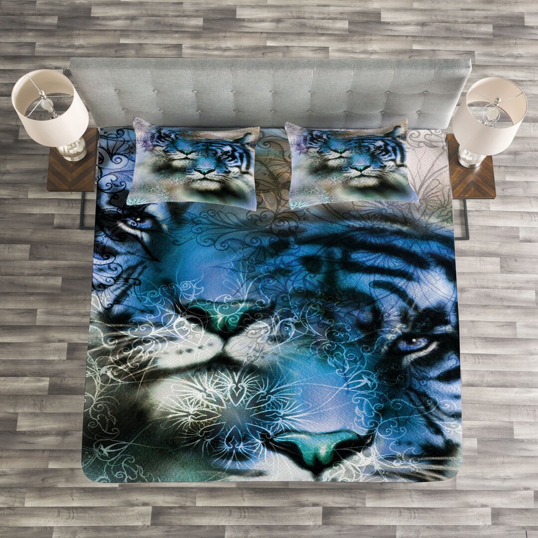 Gestepptes Bettdecken-Set, Safari Tigers, Tier, Schwarz Weiß Blau