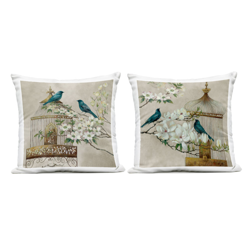Ensemble de 2 coussins printaniers à imprimé printanier Bluebirds Menagerie par Elaine Vollherbst