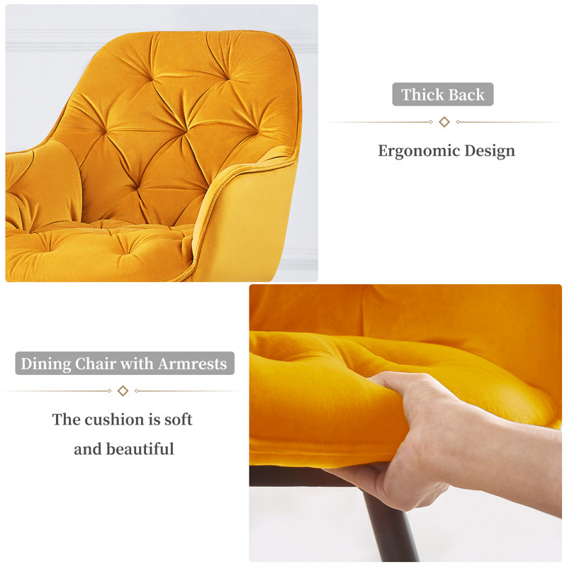 Modern Velvet/Linen Upholstered Dining Chair With Arm, Yellow Velvet
