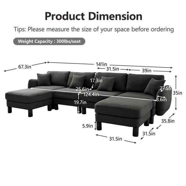 Wrought Studio Boucle Fabric U Shape Sectional 4-Seater Sofa Couch With ...