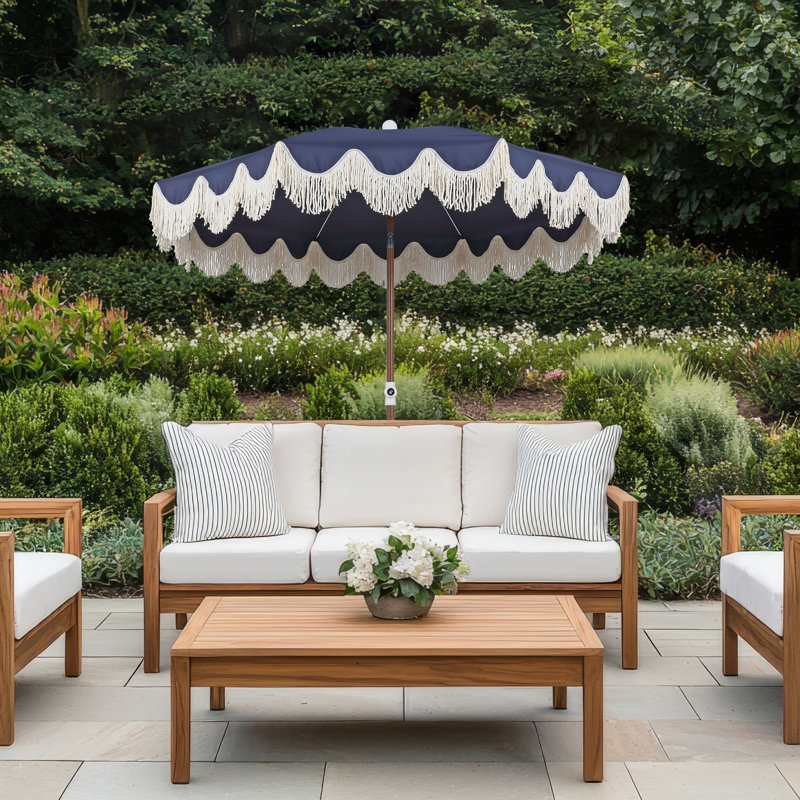 Parasol de plage solide d'extérieur rond 6,5 pi avec frange Mariner, Marine, Brun