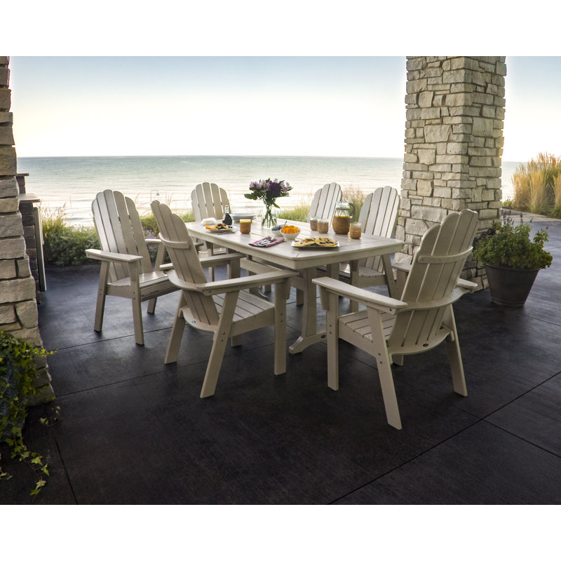 POLYWOOD Vineyard Curveback Adirondack 7-Piece Dining Set with Trestle Legs, Aruba, White