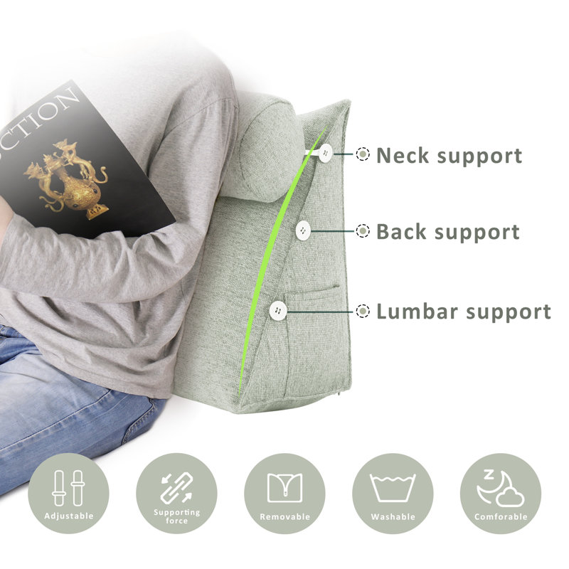 Sit-up Back Comfort Wedge Reading Pillow with Adjustable Neck Roll for Lumbar Back Support, White