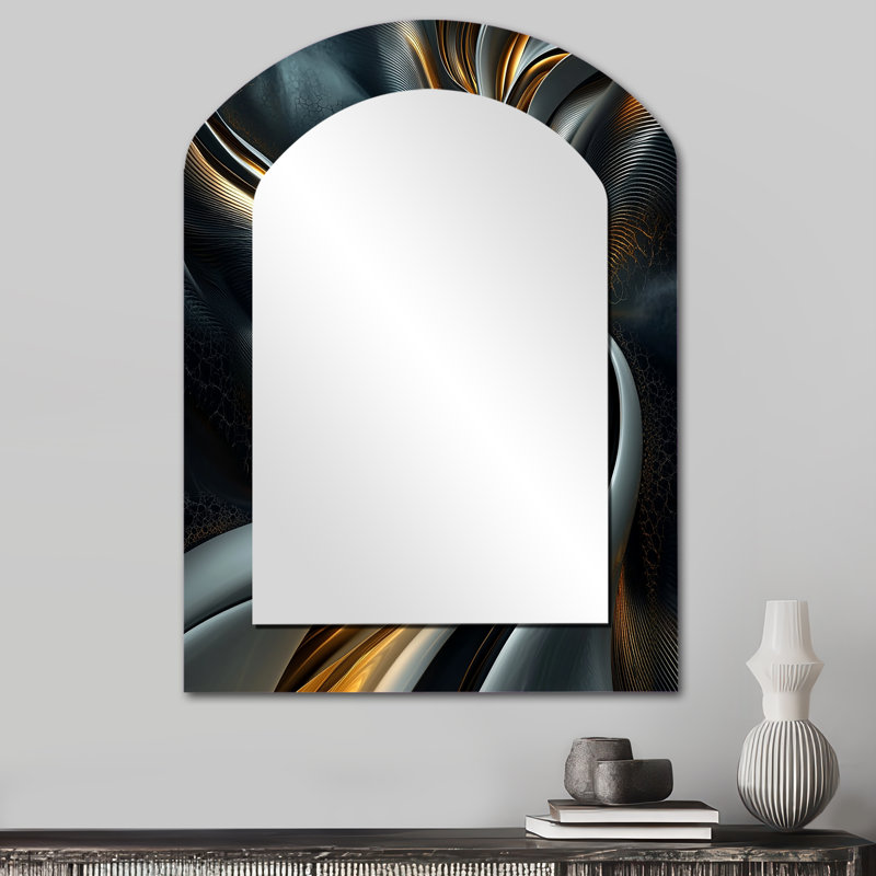 Swirl Abstract In Gold And Black Tones II - Abstract Painting Arch Decorative Mirror, Modern Asymmetrical Large Wall Mirror, Printed Metal Art
