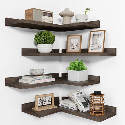 Tablette de coin murale 4 niveaux, tablettes flottantes en bois naturel avec encoche découpée, tablette de coin murale rustique pour cuisine, salon, chambre à coucher, salle de bain