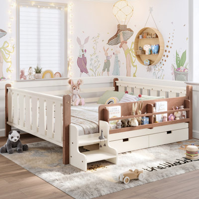 Grand lit en bois massif pour enfants avec rangement, bibliothèques, tiroirs et garde-corps, sans sommier, beige