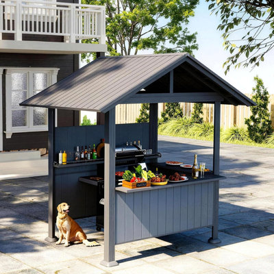 Pavillon de jardin grillagé 9,4 pi x 6,2 pi, pavillon de jardin extérieur à pignon avec tablettes de rangement et système d'ombrage en résine, pavillon de jardin en acier galvanisé à toit rigide pour jardin de jardin - gris