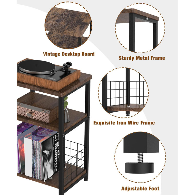 3-Tier Record Player Stand With Vinyl Storage Basket, Turntable Table For Up To 100 Albums, Multi-Functional End Side Table For Living Room, Bedroom, Office