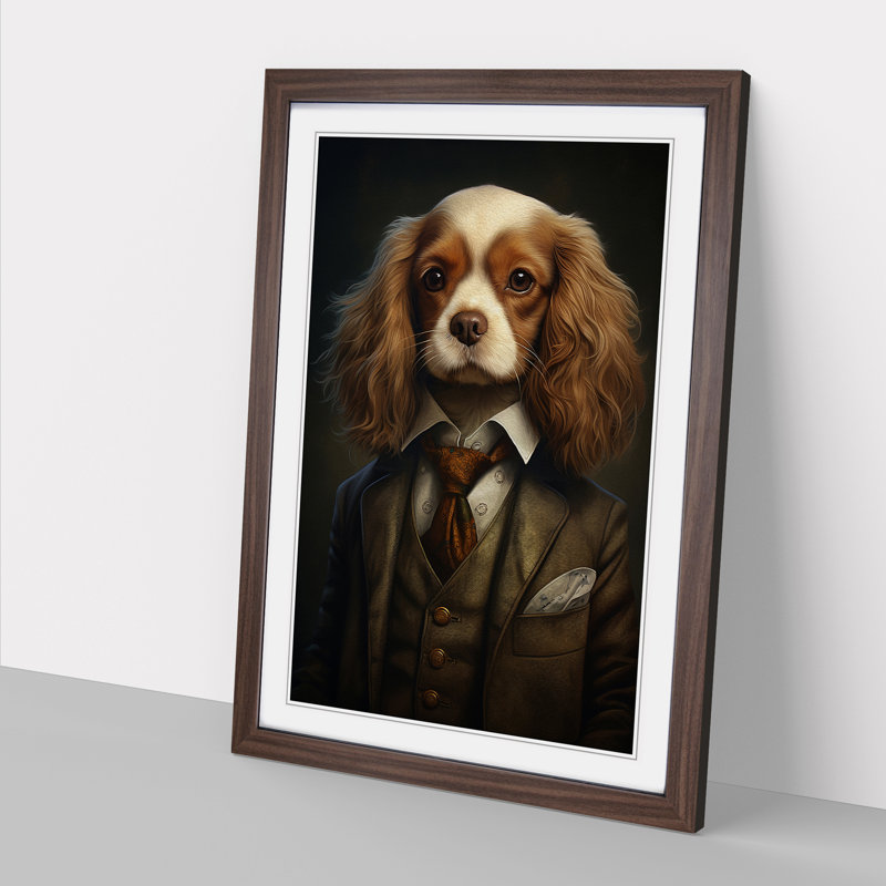 Cavalier King Charles Spaniel in a Suit Painting - Framed Print, 46cm H x 34cm W x 2cm D, Walnut