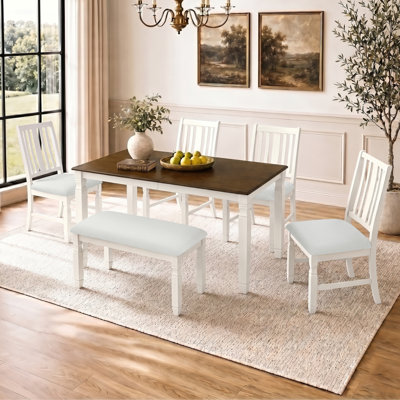 6 - Piece Extendable Dining Set, Rectangular Veneer Dining Table with Removable Leaf, 4 Upholstered Chairs and Bench, Modern Farmhouse, Dining Room