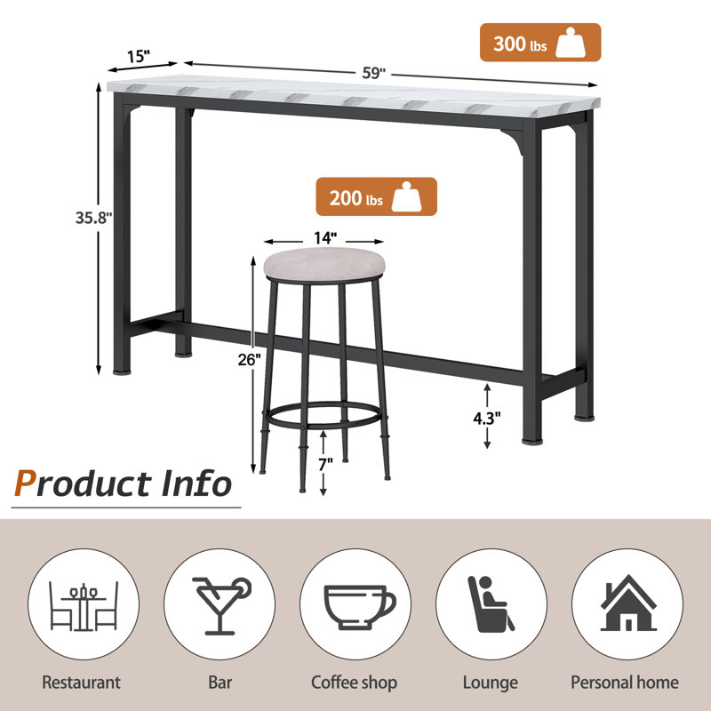 Kyrie Modern Kitchen Counter Height Dining Table Set with 3 Bar Stools, White, Black